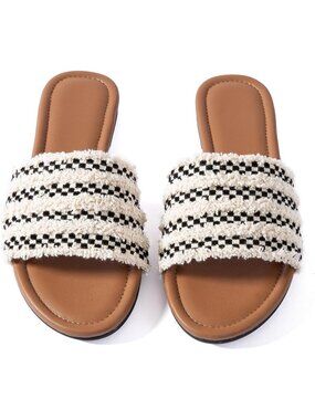 🆕Women's Black White Flat Sandals Braided Leather Nude Summer Dressy Fashion